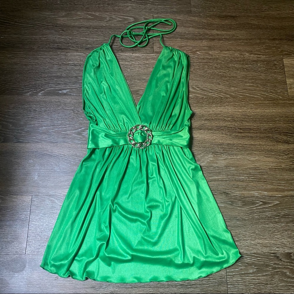 BELLE AIME green halter neck satin waist belt tank